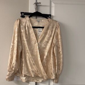 Elegant Beige Floral Wrap Blouse